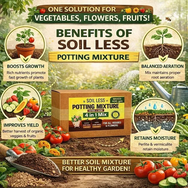 4-in-1 Soil Less Potting Mixture - Cocopeat, Vermiculite, Neem Khad, Organic Plant Food (100gm Each) (4 Packets)